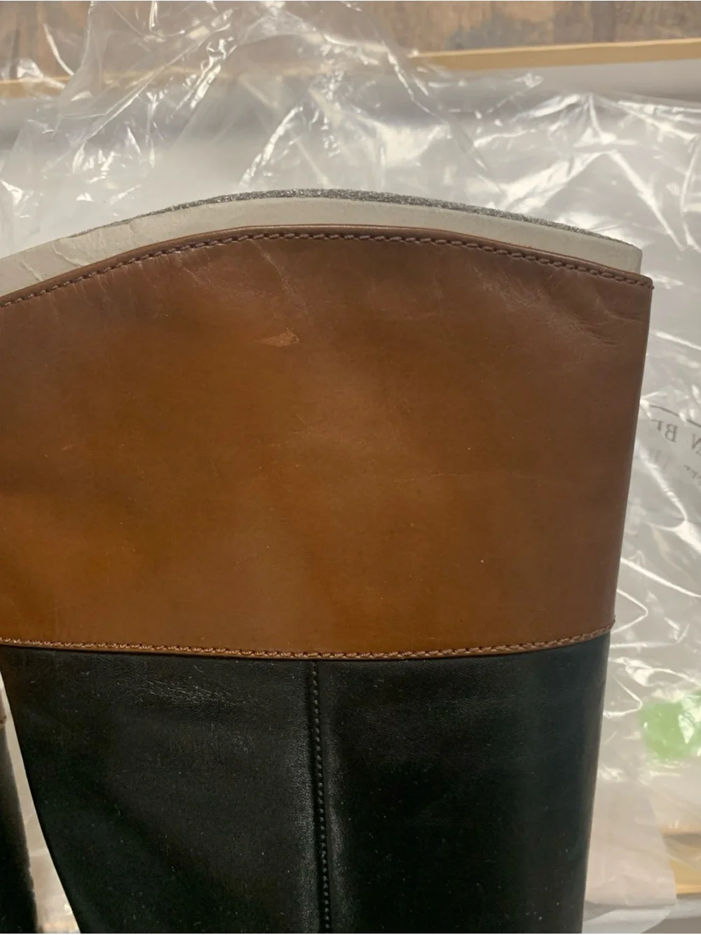 Michael Kors Black and Brown Leather Knee Boots with Gold MK Emblem